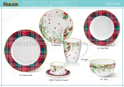 Классический фарфоровый набор посуды красного цвета, обеденная тарелка с ягодами зимы